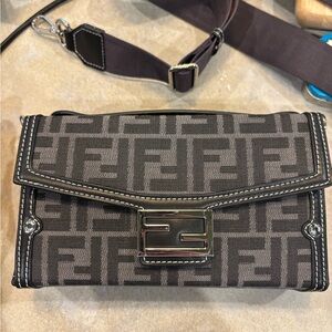 Fendi soft trunk baguette Black and Gray Monogram Flap Bag